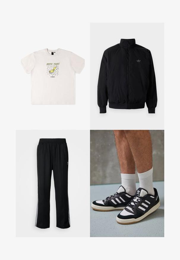 Zwarte geluiting jack met hoge kraag, gemaakt van lichtgewicht materiaal. Voorzien van elastische manchetten en tailleband, met een klein logo op de linkerbovenkant.; Witte katoenen t-shirt met een gele vogelafbeelding en de tekst "BREAK FREE!" in zwart. Korte mouwen met een losse pasvorm.; Zwarte sportbroeken met een elastische tailleband, voorzien van witte zijkanten en een klein logo. Het materiaal lijkt zacht en lichtgewicht te zijn.; Zwart-witte sneakers met een bovenwerk van suede en leer, voorzien van drie witte strepen, een geperforeerde neus en een rubberen gumzool.