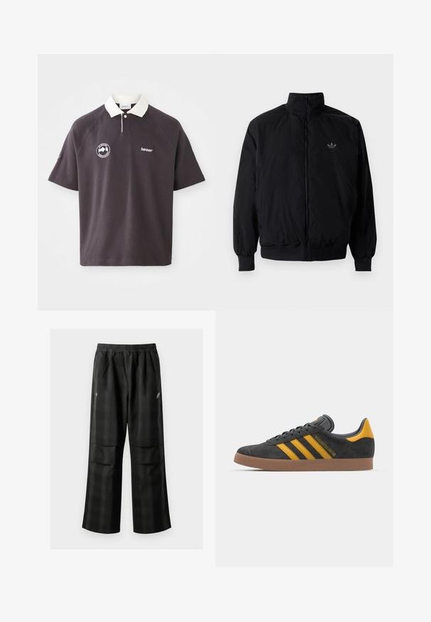 Svart zipjacka med hög krage, tillverkad av lätt material. Har elastiska cuffar och midja, med en liten logo på övre vänster.; Mörkgrå pikétröja med vit krage, broderad logotyp på bröstet och korta raglanärmar. Tillverkad av mjukt material.; Svarta rutiga byxor med elastisk midja, två framfickor och en lös passform med rak bendesign. Tillverkade av lätt material.; Svart mockaskor med gula accenter, med tre ränder och en brun gummisula. Inkluderar en vadderad tunga för extra komfort.