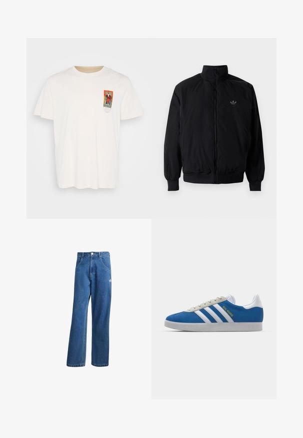 Black zipped jacket with high collar, made of lightweight material. Features elastic cuffs and waistband, with a small logo on the upper left.; Jack & Jones JORORACLE TEE CREW NECK - Print T-shirt - buttercream; Blue high-waist wide-leg denim jeans with front pockets, belt loops, button closure, and small Adidas logo on the right thigh.; adidas Originals ADIDAS GAZELLE SHOES - Indoor football boots - real madrid/bluebird/footwear white/crew yellow