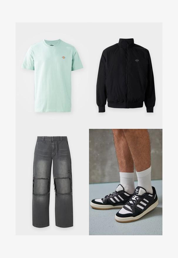 Sort lynlåsjakke med høj krave, fremstillet af letvægtsmateriale. Har elastiske manchetter og talje, med et lille logo på øverste venstre side.; Lys grøn bomulds t-shirt med rund halsudskæring og korte ærmer. Har et lille, farverigt logo på brystet.; Grå denimbukser med en afslappet pasform, der har frynsede knælapper, kontrastsyninger og et lille logo på siden.; Sorte og hvide sneakers med en overdel i ruskind og læder, der har tre hvide striber, en perforeret tå og en sål i gummigummi.