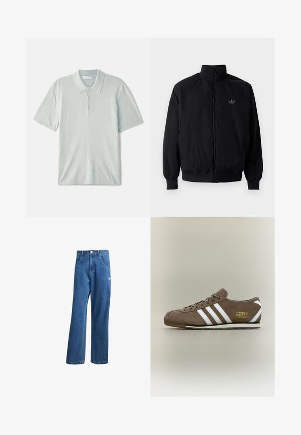 Svart zipjacka med hög krage, tillverkad av lätt material. Har elastiska cuffar och midja, med en liten logo på övre vänster.; Ljusblå polo skjorta i mjukt tyg, med klassisk krage, treknapps knäppning och korta ärmar. Minimalistisk design.; Blå högmidjade vida jeans i denim med framfickor, bältesloopar, knappstängning och liten Adidas-logga på högra låret.; Brun mockasneaker med tre vita ränder, flat gummisula, rund tå och guldigt "adidas Italia"-logotyp på sidan.