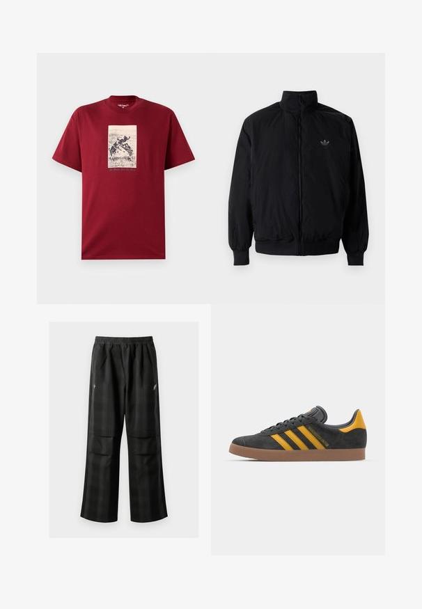 Czarna kurtka zapinana na zamek z wysokim kołnierzem, wykonana z lekkiego materiału. Posiada elastyczne mankiety i pas, oraz małe logo na górnej lewej stronie.; Burgundowa bawełniana koszulka z krótkim rękawem, z czarno-białym nadrukiem przedstawiającym wesołe psy, z napisem "Cała praca i żadnej zabawy" poniżej.; Czarne spodnie w kratę z elastycznym pasem, dwoma przednimi kieszeniami i luźnym krojem ze prostymi nogawkami. Wykonane z lekkiego materiału.; Czarne zamszowe sneakersy z żółtymi akcentami, z trzema paskami i brązową gumową podeszwą. Posiadają wyściełany język dla większego komfortu.