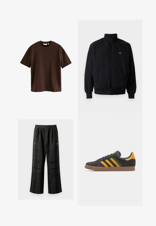 Svart zipjacka med hög krage, tillverkad av lätt material. Har elastiska cuffar och midja, med en liten logo på övre vänster.; Next HEAVYWEIGHT - T-shirt - bas - mottled brown; Svarta rutiga byxor med elastisk midja, två framfickor och en lös passform med rak bendesign. Tillverkade av lätt material.; Svart mockaskor med gula accenter, med tre ränder och en brun gummisula. Inkluderar en vadderad tunga för extra komfort.