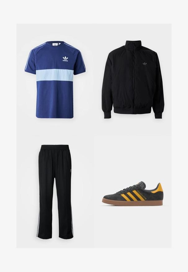 Musta vetoketjullinen takki, jossa on korkea kaulus, valmistettu kevyestä materiaalista. Varustettu joustavilla hihoilla ja vyötäröllä, ja ylävasemmalla on pieni logo.; T-paita tummansinisellä pohjalla, vaaleansinisellä vaakaraitalla, lyhyet hihat, pyöreä kaula-aukko, Adidas-logo rinnassa ja kontrastivärit olkaimissa.; Mustat urheiluhousut, joissa on joustava vyötärö, valkoiset sivuraidat ja pieni logo. Materiaali näyttää pehmeältä ja kevyeltä.; Mustat samettiset tennarit, joissa on keltaisia yksityiskohtia, kolmonen raita ja ruskea kumipohja. Sisältää pehmustetun kielisen mukavuutta varten.