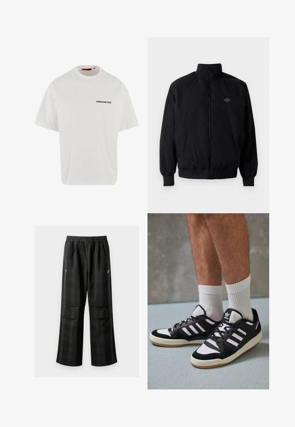 Schwarze Jacke mit Reißverschluss und hohem Kragen, aus leichtem Material gefertigt. Verfügt über elastische Bündchen und einen elastischen Saum, mit einem kleinen Logo oben links.; Weißes Baumwoll-T-Shirt mit kurzen Ärmeln und lockerer Passform. Mit dem Text "VERBOTEN" in fettem Schwarz über der Brust. Rundhalsdesign.; Schwarze karierte Hosen mit elastischem Bund, zwei Fronttaschen und lockerer Passform im geraden Beinschnitt. Hergestellt aus leichtem Material.; Schwarz-weiße Sneaker mit einem Obermaterial aus Wildleder und Leder, ausgestattet mit drei weißen Streifen, einer perforierten Zehenpartie und einer Sohle aus Gummi.
