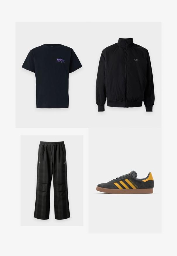 Black zipped jacket with high collar, made of lightweight material. Features elastic cuffs and waistband, with a small logo on the upper left.; Black cotton t-shirt with short sleeves, featuring a purple graphic text "FORMER" on the left chest. Classic crew neck design.; Black plaid pants featuring an elastic waistband, two front pockets, and a loose fit with a straight leg design. Made from lightweight material.; Black suede sneaker with yellow accents, featuring three stripes and a brown rubber sole. Includes a padded tongue for comfort.