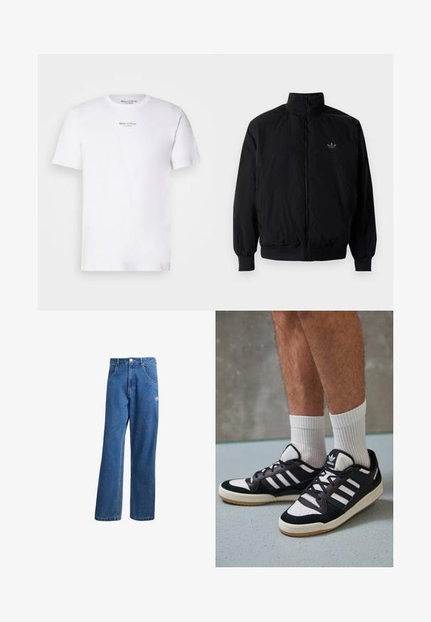 Black zipped jacket with high collar, made of lightweight material. Features elastic cuffs and waistband, with a small logo on the upper left.; White short-sleeve t-shirt made of cotton with a crew neck. Features "Marc O'Polo" logo in black on the chest. Smooth texture, minimal design.; Blue high-waist wide-leg denim jeans with front pockets, belt loops, button closure, and small Adidas logo on the right thigh.; Black and white sneakers with a suede and leather upper, featuring three white stripes, a perforated toe, and a gum rubber sole.