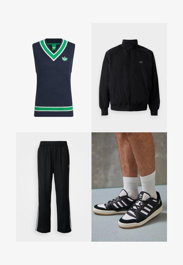 Černá zipová bunda s vysokým límcem, vyrobená z lehkého materiálu. Má elastické manžety a pas, s malým logem na horní levé straně.; Námořnický bezrukávový svetr s texturovaným vzorem, výstřihem do V, zeleným a bílým žebrovaným lemem a zeleným vyšívaným logem na hrudi.; Černé sportovní kalhoty s elastickým pasem, s bílými bočními pruhy a malým logem. Materiál vypadá měkce a lehce.; Černobílé tenisky s vrchní částí z semišové a kožené kůže, včetně tří bílých pruhů, perforovaného špičky a podrážky z gumy.