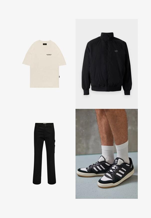 Crna jakna na zip s visokim ovratnikom, izrađena od laganog materijala. Ima elastične manžete i pojas, s malim logotipom na gornjem lijevom dijelu.; Bež majica od pamuka s kružnim izrezom, prenaglašenog dizajna, i crnim otisnutim logotipom na lijevoj strani prsnog koša. Ravno rezane kratke rukave.; Crne cargo hlače od pamuka sa ravnim nogavicama, s bočnim džepom, zatvaranjem na dugme i suptilnim detaljima šivanja.; Crne i bijele tenisice s gornjim dijelom od antilopa i kože, s tri bijele pruge, perforiranim prstom i gumiranim potplatom.
