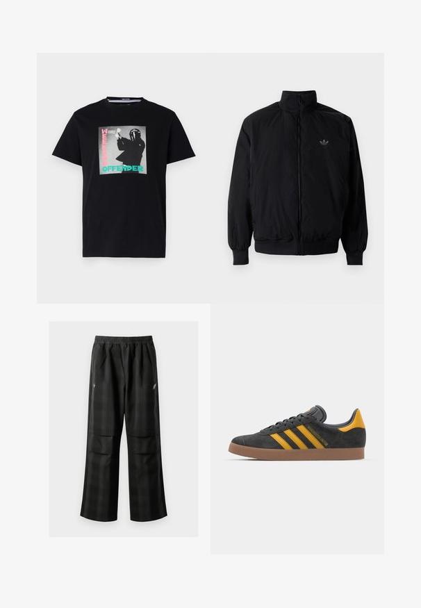 Zwarte geluiting jack met hoge kraag, gemaakt van lichtgewicht materiaal. Voorzien van elastische manchetten en tailleband, met een klein logo op de linkerbovenkant.; Zwarte katoenen t-shirt met een grafische print met de tekst "WEEKEND OFFENDER" en "London Calling", benadrukt in turquoise en roze.; Zwarte geruite broek met een elastische tailleband, twee voorzakken en een losse pasvorm met een rechte pijpdesign. Gemaakt van lichtgewicht materiaal.; Zwarte suède sneakers met gele accenten, voorzien van drie strepen en een bruine rubberen zool. Inclusief een gevoerde tong voor comfort.