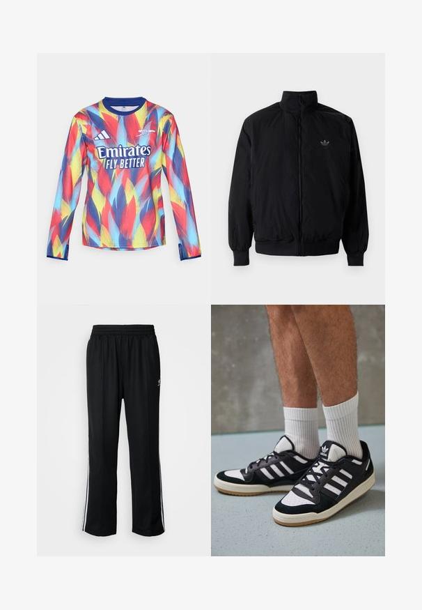 Black zipped jacket with high collar, made of lightweight material. Features elastic cuffs and waistband, with a small logo on the upper left.; adidas Performance ARSENAL FC 25/26 PRE-MATCH WARM TOP - Club wear - victory blue/pure ruby/bright yellow/bright cyan; Black athletic pants with an elastic waistband, featuring white side stripes and a small logo. Material appears soft and lightweight.; Black and white sneakers with a suede and leather upper, featuring three white stripes, a perforated toe, and a gum rubber sole.