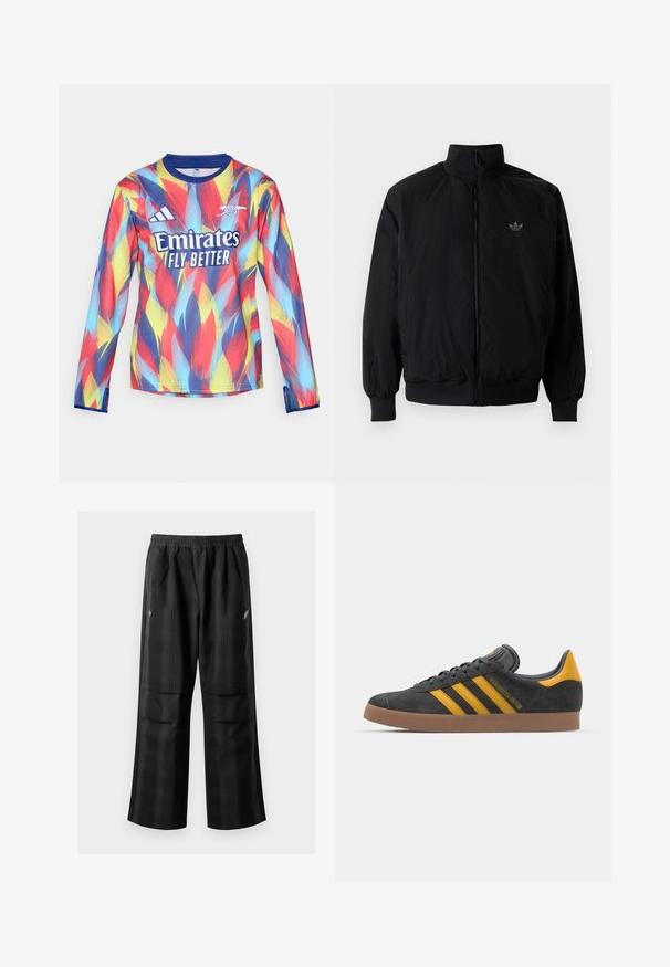 Black zipped jacket with high collar, made of lightweight material. Features elastic cuffs and waistband, with a small logo on the upper left.; adidas Performance ARSENAL FC 25/26 PRE-MATCH WARM TOP - Club wear - victory blue/pure ruby/bright yellow/bright cyan; Black plaid pants featuring an elastic waistband, two front pockets, and a loose fit with a straight leg design. Made from lightweight material.; Black suede sneaker with yellow accents, featuring three stripes and a brown rubber sole. Includes a padded tongue for comfort.