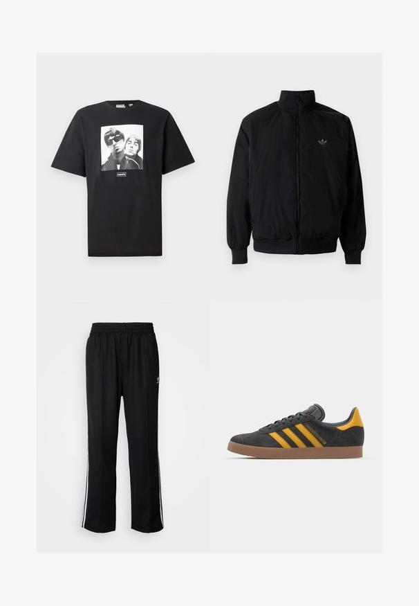 Giacca nera con zip e colletto alto, realizzata in materiale leggero. Presenta polsini e vita elastici, con un piccolo logo in alto a sinistra.; T-shirt in cotone nero con un'immagine quadrata bianca di due figure, logo "oasis" sotto l'immagine. Maniche corte, collo tondo.; Pantaloni da allenamento neri con elastico in vita, dotati di bande laterali bianche e un piccolo logo. Il materiale sembra morbido e leggero.; Sneaker in suede nero con dettagli gialli, dotato di tre strisce e una suola in gomma marrone. Include una linguetta imbottita per il comfort.