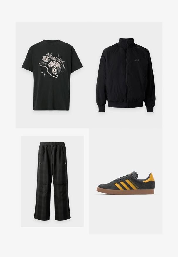 Svart zipjacka med hög krage, tillverkad av lätt material. Har elastiska cuffar och midja, med en liten logo på övre vänster.; Svart t-shirt med vitt grafik av ett öga, en hand som håller en pendel, abstrakta former och stiliserad text ovanför.; Svarta rutiga byxor med elastisk midja, två framfickor och en lös passform med rak bendesign. Tillverkade av lätt material.; Svart mockaskor med gula accenter, med tre ränder och en brun gummisula. Inkluderar en vadderad tunga för extra komfort.