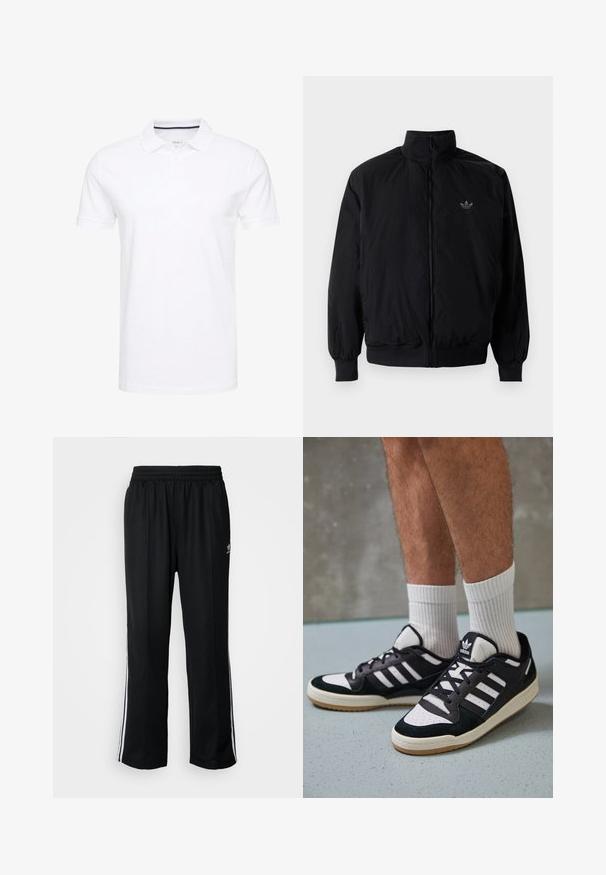 Black zipped jacket with high collar, made of lightweight material. Features elastic cuffs and waistband, with a small logo on the upper left.; White polo shirt made of cotton, featuring a traditional collar, short sleeves, and three-button placket with subtle navy accents on the inside.; Black athletic pants with an elastic waistband, featuring white side stripes and a small logo. Material appears soft and lightweight.; Black and white sneakers with a suede and leather upper, featuring three white stripes, a perforated toe, and a gum rubber sole.