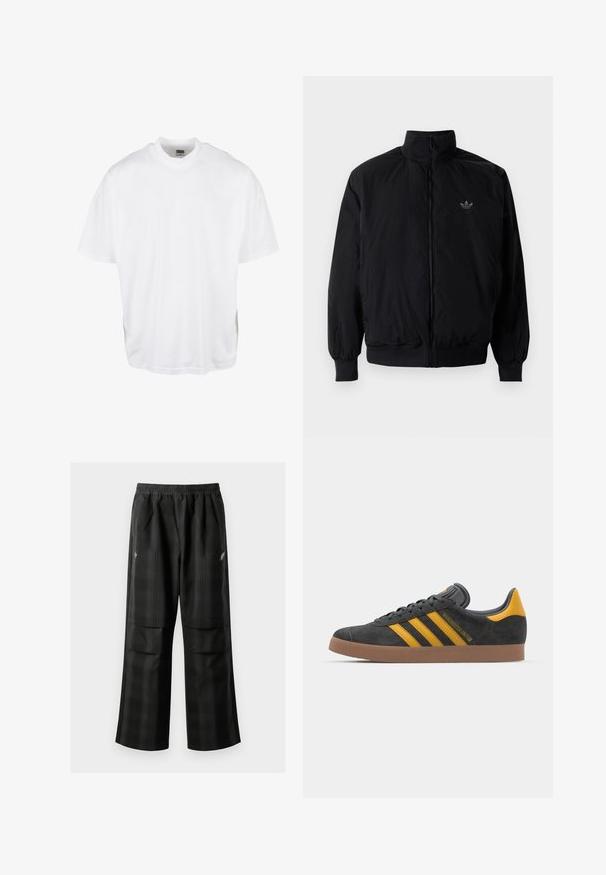Čierna zips kombinéza s vysokým golierom, vyrobená z ľahkého materiálu. Obsahuje elastické manžety a pás, s malým logom na hornej ľavej strane.; Biela bavlnená tričko s voľným strihom, krátkymi rukávmi a okrúhlym výstrihom, s rovný lemom a bez viditeľných grafík alebo vzorov.; Čierne kockované nohavice s elastickým pásom, dvoma prednými vreckami a voľným strihom so rovnými nohavicami. Vyrobené z ľahkého materiálu.; Čierne semišové tenisky so žltými akcentmi, ktoré majú tri pruhy a hnedú gumovú podrážku. Obsahujú vypolstrovaný jazyk pre pohodlie.