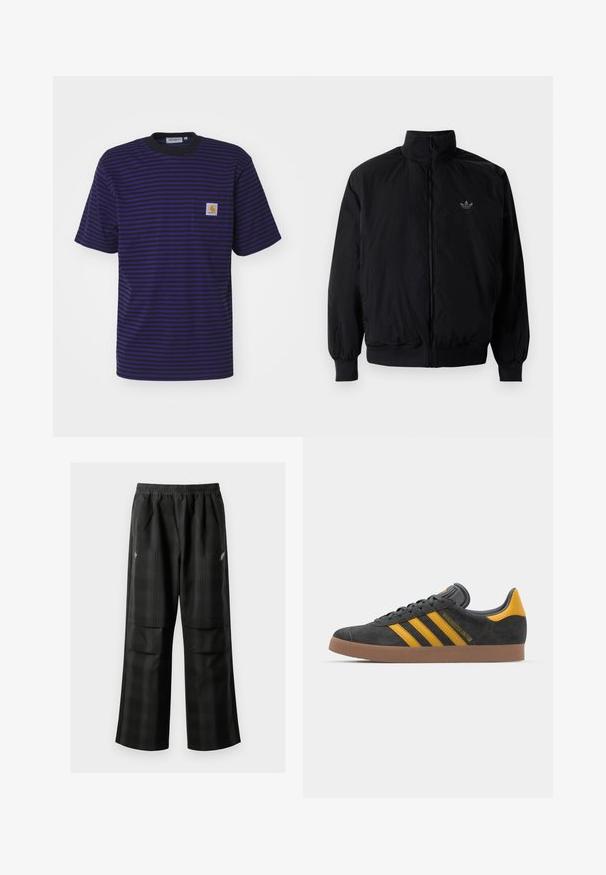 Black zipped jacket with high collar, made of lightweight material. Features elastic cuffs and waistband, with a small logo on the upper left.; Striped T-shirt in dark purple and black, short-sleeved, with a crew neckline and a small logo pocket detail on the left chest.; Black plaid pants featuring an elastic waistband, two front pockets, and a loose fit with a straight leg design. Made from lightweight material.; Black suede sneaker with yellow accents, featuring three stripes and a brown rubber sole. Includes a padded tongue for comfort.