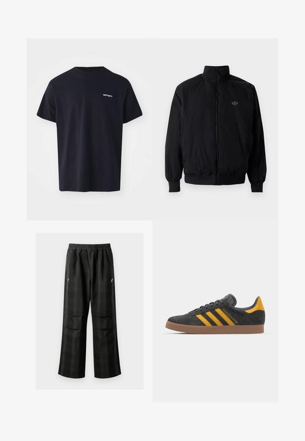 Black zipped jacket with high collar, made of lightweight material. Features elastic cuffs and waistband, with a small logo on the upper left.; Black cotton t-shirt with short sleeves, crew neck, and a subtle white logo on the left chest area. Smooth texture, standard fit.; Black plaid pants featuring an elastic waistband, two front pockets, and a loose fit with a straight leg design. Made from lightweight material.; Black suede sneaker with yellow accents, featuring three stripes and a brown rubber sole. Includes a padded tongue for comfort.