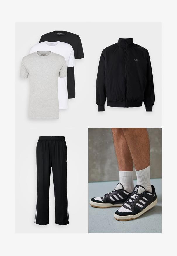 Čierna zips kombinéza s vysokým golierom, vyrobená z ľahkého materiálu. Obsahuje elastické manžety a pás, s malým logom na hornej ľavej strane.; Tričko s krátkym rukávom v čiernej, bielej a šedej farbe. Okrúhly výstrih, mäkká bavlnená tkanina. Jednoduchý dizajn bez vzorov alebo akcentov.; Čierne športové nohavice s elastickým pásom, s bielymi bočnými prúžkami a malým logom. Materiál vyzerá byť mäkký a ľahký.; Čierno-biele tenisky s vrchom z semišu a kože, s troma bielymi pruhmi, perforovanou špičkou a gumovou podrážkou.