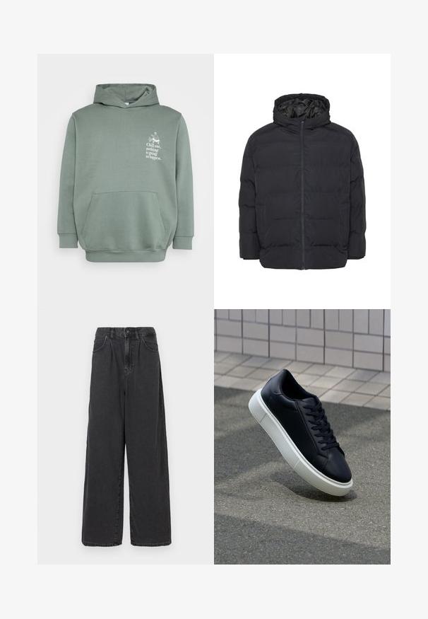 Juodas pūkinis švarkas su gobtuvu, turintis užtrauktuką priekyje, išklotą dizainą ir šonines kišenes. Pagamintas iš glotnaus, šilumos izoliacijos medžiagos.; Šviesiai žalia pūkinė striukė, pagaminta iš minkštos medžiagos. Ji turi priekinį kišenę, suvarstomą gobtuvą ir krūtinėje atspausdintą tekstą su grafiniu dizainu.; Plačios kojos, aukšto juosmens juodos džinsinės kelnės su priekiniais mygtukais ir užtrauktuku, turinčios šonines kišenes ir lygią tekstūrą.; Juodas odinis sportbačius su apvaliu pirštu ir baltu gumuotu padu. Turi plokščias raišteles ir minimalų siuvimą viršuje. Padangos tekstūra užtikrina sukibimą.