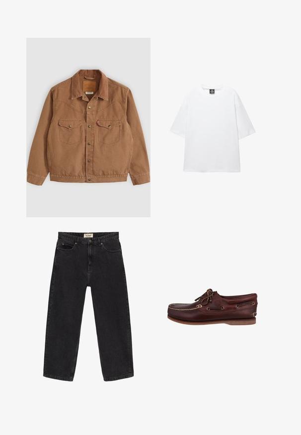 Brun kordfløjljakke med krave, to brystlommer og messingknapper. Har stikninger langs skuldrene og kanten.; Hvid oversized t-shirt med korte ærmer, rund halsudskæring og blødt bomuldsstof. Har et sort mærke ved halsen. Ingen mønstre eller accenter.; Sorte denim jeans med afslappet pasform. Har fem lommer, en frontknaplukning og syninger. Let falmet tekstur.; Brune læderskibsko med rund tå, kontrasterende syninger, snørebåndsdesign og gummisål for greb. Timberland-logoet er synligt.