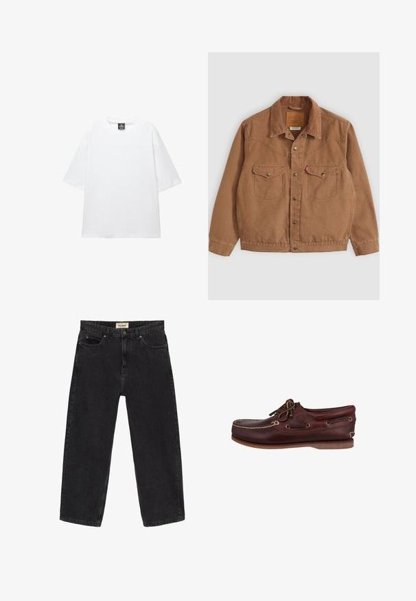 Ruskea corduroy-takki, jossa on kaulus, kaksi rintataskua ja messinkinapeilla varustettu. Ominaisuuksiin kuuluu ompelusyksityiskohtia olkapäillä ja helmassa.; Valkoinen ylisuuri t-paita, jossa on lyhyet hihat, pyöreä pääntie ja pehmeä puuvillakangas. Kauluksessa on musta etiketti. Ei kuvioita tai korostuksia.; Mustat farkut rentoa istuvuutta. Ominaisuuksiin kuuluu viisi taskua, etunappi kiinnitys ja ompeluyksityiskohdat. Hieman kulunut pinta.; Ruskea nahkainen veneen kenkä, jossa on pyöreä kärki, erottuva tikkaus, nauhakiinnitys ja kuminen pohja pitävyyden takaamiseksi. Timberland-logo näkyvissä.