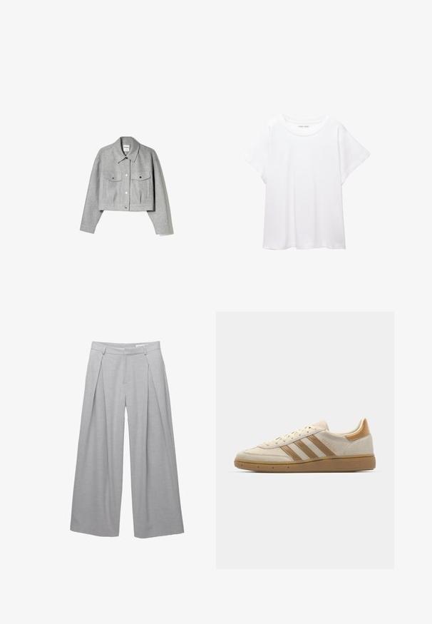 Harmaa lyhythihainen takki, joka on valmistettu pehmeästä kankaasta. Siinä on nappikiinnitys edessä, terävä kaulus ja kaksi etutaskua hopeisilla yksityiskohdilla.; Valkoinen T-paita, joka on valmistettu pehmeästä ja kevyestä kankaasta. Omistaa pyöreän kaula-aukon ja lyhyet, leveät hihat rentoa istuvuutta varten. Ei näkyviä kuvioita.; Vaaleanharmaat leveät housut, jotka on valmistettu teksturoidusta kankaasta. Housuissa on etupleaatit, vyölenkit ja muotoiltu vyötärö. Ei näkyviä sulkemisia.; Beige mokkanen kengät, joissa on vaaleanruskeita yksityiskohtia. Varustettu kolmella ruskealla raidalla, tekstuurilla varustetulla kumipohjalla ja pyöristetyllä kärjellä.