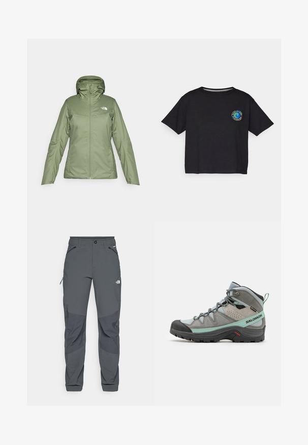 Chaqueta impermeable verde con cierre de cremallera en el frente, capucha ajustable y bolsillos. Tejido suave con un ligero brillo. Presenta el logo de The North Face.; Camiseta de algodón negra de manga corta con un logo multicolor circular en el pecho. Dobladillo recto y corte relajado.; Pantalones de exterior gris oscuro con parches de refuerzo en las rodillas, bolsillos laterales y frontales con cremallera, cierre de botón y el logo de The North Face en el muslo.; Bota de senderismo gris con parte superior de cuero texturizado y malla, puntera de goma negra y acentos en verde menta. Cuenta con una suela acolchada y un sistema de lazado.