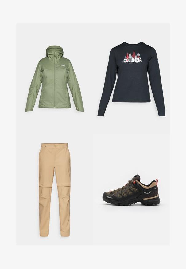 Zielona wodoodporna kurtka z zamkiem z przodu, regulowanym kapturem i kieszeniami. Gładki materiał o lekkim połysku. Posiada logo The North Face.; Długie rękawy, ciemnoszara koszula z grafiką czerwonych drzew i gór; logo "COLUMBIA" w wyraźnym białym tekście. Miękka tkanina, standardowy okrągły dekolt.; Beżowe spodnie cargo z odpinanymi nogawkami, z płaskim przodem, zapięciem na guzik i zwężanymi nogawkami. Wykonane z lekkiego materiału o gładkiej teksturze.; Czarne i brązowe buty górskie z siateczkową cholewką, czerwonymi akcentami, wzmocnionym noskiem i teksturowaną gumową podeszwą dla lepszej przyczepności.