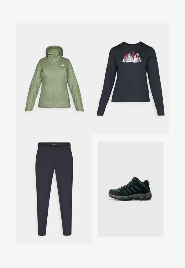 Πράσινο αδιάβροχο μπουφάν με φερμουάρ μπροστά, ρυθμιζόμενη κουκούλα και τσέπες. Λείο ύφασμα με ελαφριά γυαλάδα. Διαθέτει το λογότυπο της The North Face.; Μακρυμάνικο σκούρο γκρι πουκάμισο με γραφικό κόκκινων δέντρων και βουνών; το λογότυπο "COLUMBIA" σε έντονο λευκό κείμενο. Μαλακό ύφασμα, τυπικός στρογγυλός λαιμός.; Σκούρο γκρι παντελόνι πεζοπορίας από ελαστικό ύφασμα. Διαθέτει φερμουάρ στο πάνω μέρος, κλείσιμο με κουμπί και tapered γάμπες. Περιλαμβάνει λεπτομέρεια λογότυπου στο πλάι.; Columbia REDMOND - Παπούτσια πεζοπορίας - black/citron haze