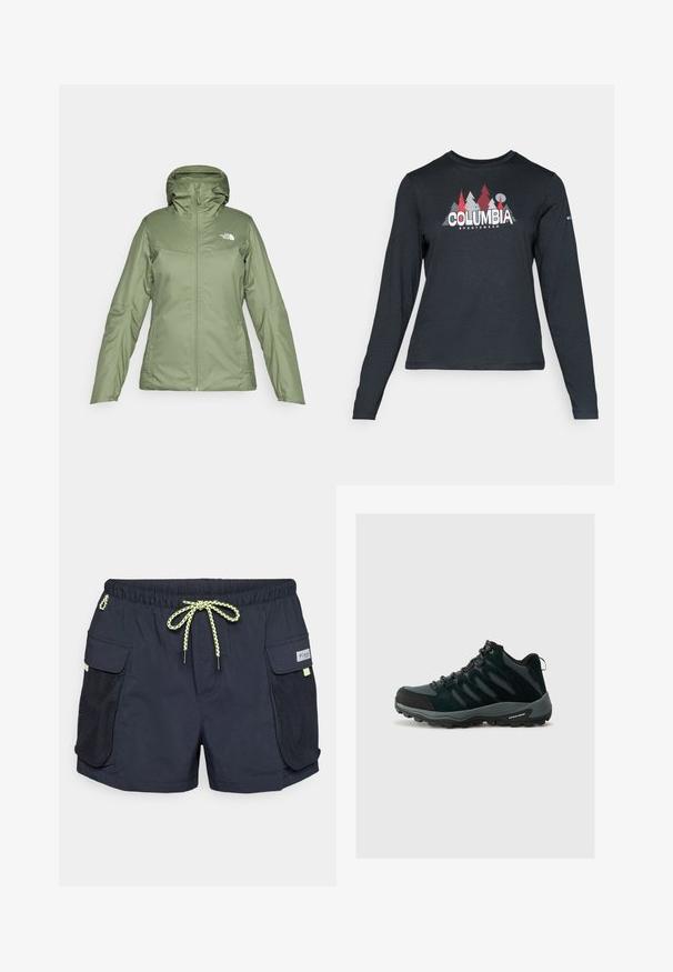 Chaqueta impermeable verde con cierre de cremallera en el frente, capucha ajustable y bolsillos. Tejido suave con un ligero brillo. Presenta el logo de The North Face.; Camisa de manga larga gris oscuro con un gráfico de árboles rojos y montañas; logo "COLUMBIA" en texto blanco en negrita. Tela suave, cuello redondo estándar.; Bañador de polo marino con cintura ajustable por cordón, bolsillos laterales de malla y una textura suave. Presenta una etiqueta de logo en la parte frontal derecha.; Columbia REDMOND - Zapatillas de senderismo - black/citron haze