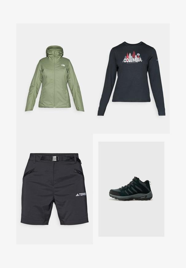 Zelena vodoodporna jakna s patentnim zatvaračem sprijeda, podesivom kapuljačom i džepovima. Gladka tkanina s blagim sjajem. Sadrži logotip The North Face.; Majica dugih rukava tamnosive boje s grafikom crvenih drveća i planina; logo "COLUMBIA" u podebljanom bijelom tekstu. Mekana tkanina, standardni okrugli izrez.; Crne kratke hlače za van, napravljene od laganog materijala. Imaju dvije zip-ovane džepove i crni remen s pravokutnom kopčom. Sadrže TERREX logo.; Columbia REDMOND - Obuća za pješačenje - black/citron haze