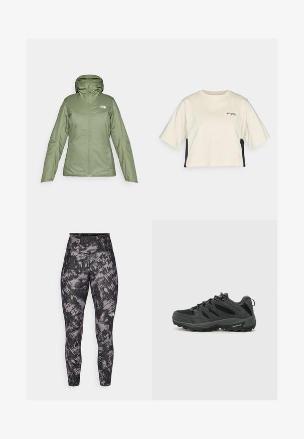Zöld vízálló dzseki cipzárral elöl, állítható kapucnival és zsebekkel. Sima anyag, amelynek enyhe fényes felülete van. A The North Face logóval rendelkezik.; Krém színű, rövid fazonú póló, kerek nyakkal és rövid ujjakkal, fekete oldalsávokkal; kis fekete logóval a mellen.; Fekete és szürke absztrakt mintázatú, magas derékú sportleggings. Rugalmas anyagból készült, sima tapintással. Logó részlet jellemzi.; Columbia REDMOND - Túracipők - black/citron haze