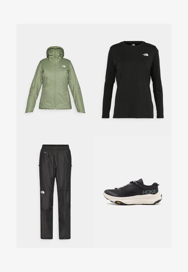 Casaco impermeável verde com fecho à frente, capuz ajustável e bolsos. Tecido suave com um leve brilho. Apresenta o logo da The North Face.; T-shirt preto de mangas longas, feito de algodão, com decote redondo. Apresenta um pequeno logótipo branco na área esquerda do peito. Design simples e ajuste confortável.; Calças pretas à prova d'água feitas de um tecido leve, com cintura elástica, bolsos laterais e um logótipo na perna esquerda.; Ténis de desporto pretos com um cabedal em malha respirável, sola de borracha, entressola branca com amortecimento e atacadores refletivos. Logótipo Vibram na sola.