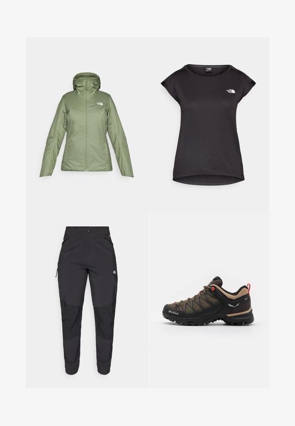 Zöld vízálló dzseki cipzárral elöl, állítható kapucnival és zsebekkel. Sima anyag, amelynek enyhe fényes felülete van. A The North Face logóval rendelkezik.; The North Face TANKEN TANK - Sportfelső - black; Fekete kültéri nadrág tartós anyagból. Cipzáros zsebekkel, megerősített térdpanellel és egyenes szabással a mozgékonyságért.; Fekete és barna túracipő hálós felsőrésszel, piros részletekkel, megerősített orral és mintázott gumitalppal a tapadás érdekében.