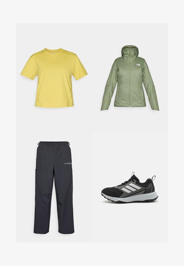 Žalia neperšlampama striukė su užtrauktuku priekyje, reguliuojamu kapišonu ir kišenėmis. Lygus audinys su lengvu blizgesiu. Ant jos yra "The North Face" logotipas.; Geltona trumpomis rankovėmis T-marškiniai, pagaminti iš minkštos medžiagos. Suapvalintais kaklo iškirpė ir subtiliomis siūlėmis šonų ir pečių zonoje.; Juodos, lengvos lauko kelnės su elastinga juosmens juosta, šoniniais kišenėmis ir logotipu viršutiniame dešiniajame šlaunyje. Lygi, vandeniui atspari medžiaga.; Juodas sportinis batelis su pilkais akcentais, turintis tekstūruotą tinklelio viršutinę dalį, tris baltas juosteles ir guminį pado padą, užtikrinantį sukibimą.