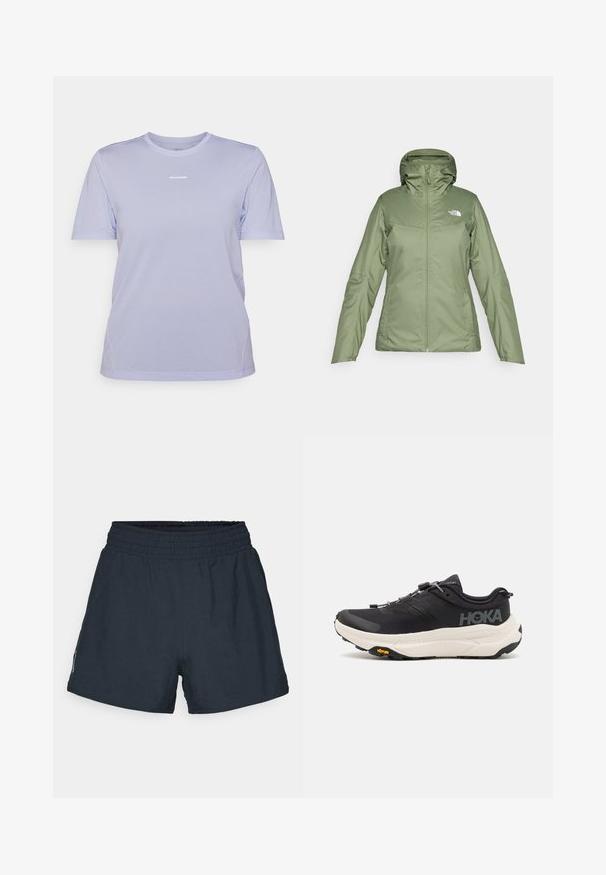 Zelená nepremokavá bunda so zipsom vpredu, nastaviteľnou kapucňou a vreckami. Hladký materiál s jemným leskom. Obsahuje logo značky The North Face.; Svetlo fialové tričko s krátkym rukávom vyrobené z priedušného materiálu, s okrúhlym výstrihom a jemným logom potlačeným na hrudi.; Tmavomodré športové šortky z ľahkého materiálu. Elastický pás, voľný strih a žiadne viditeľné vrecká alebo vzory.; Čierne športové topánky s priedušným sieťovým zvrškom, gumovou podrážkou, bielou tlmiacou medzipodrážkou a reflexnými šnúrkami. Logo Vibram na podrážke.