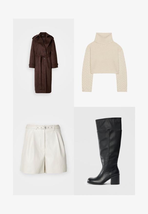 Hnedý semišový trenčkot s dvojitým predným zapínaním, veľkým golierom, opásaným pásom a bočnými vreckami. Má gombíkové manžety a hladkú textúru.; Krémový skrátený sveter s vysokým golierom, textúrovaným pleteným telom a rukávmi s ryšavým vzorom. Vyrobený z jemnej priadze.; ONLY ONLHEIDI - Šortky - pumice stone; Čierne kožené čižmy po kolená s blokovým opätkom, hladkou textúrou a detailami šitia po stranách. Jednoduchý a moderný dizajn.