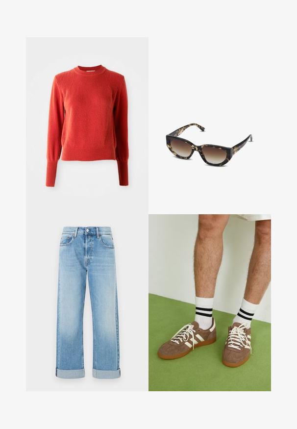 Cappotto trench in suede marrone con un davanti doppiopetto, ampio colletto, vita con cintura e tasche laterali. Presenta polsini con bottoni e una texture liscia.; Maglione rosso lavorato a maglia con collo a girocollo a costine, spalle, polsi e orlo, mostrato su uno sfondo bianco semplice.; Jeans in denim azzurro chiaro con taglio dritto, dotati di cinque tasche, chiusura con bottone e orli arrotolati.; Sneaker in suede marrone con dettagli e lacci bianchi. Suola in gomma color gomma. Indossati con calzini bianchi con righe nere. Pavimento verde texturizzato.; Occhiali da sole tartaruga marroni e neri con forma a gatto angolare, lenti sfumate e montatura spessa. Logo stampato sulle aste.; Borsa intrecciata marrone con una forma morbida, un manico a loop singolo e una superficie testurizzata. Il design presenta uno stile hobo senza accessori aggiuntivi.