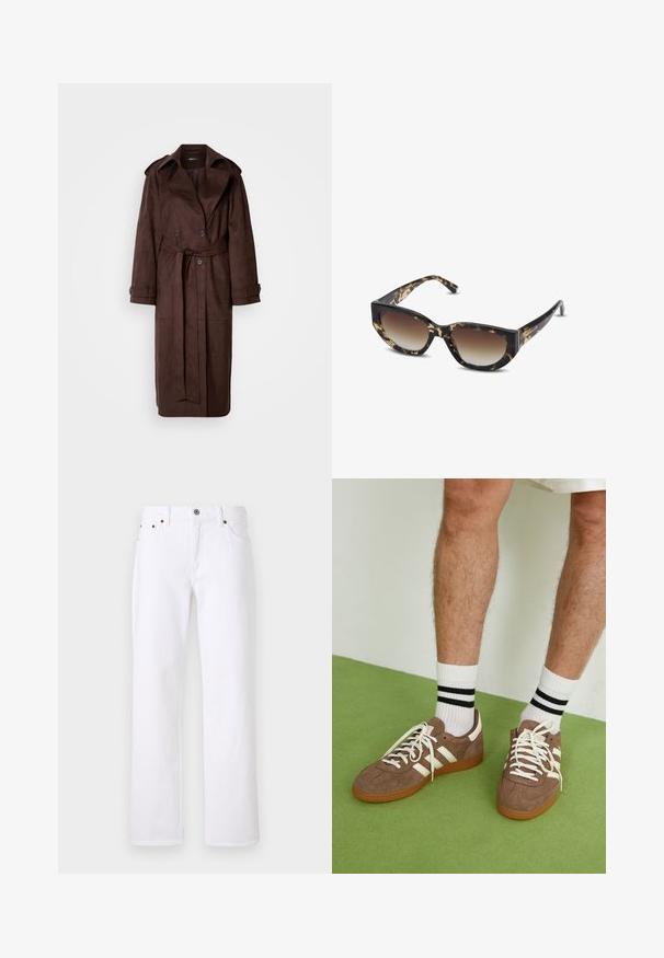 Brun ruskinds trenchcoat med dobbeltknappet front, stor krave, bælte i taljen og sidelommer. Har knapmanchetter og en glat tekstur.; Blå denimskjorte med lange ærmer, trykknapper, to brystlommer og spidse kraver, lagt fladt på hvid baggrund.; Hvide denim jeans med lige pasform, fem-lomme design og metalknaplukning. Inkluderer beige syninger og synlige sømme.; Brune ruskind sneakers med hvide detaljer og snørebånd. Gummisål i naturgummi. Båret med hvide sokker med sorte striber. Grøn struktureret gulv.; Brune og sorte skildpaddemønstrede solbriller med vinklet katteøjeform, gradientlinser og tyk ramme. Logo trykt på stængerne.; Brun vævet taske med en slouchy form, et enkelt loop-håndtag og en tekstureret overflade. Designet har en hobo-stil uden yderligere hardware.
