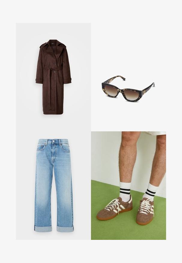 Brun mockakappa med dubbelknäppt fram, stor krage, bälte i midjan och sidofickor. Har knäppte manschetter och en mjuk yta.; Långärmad blå denimskjorta med tryckknappar, två bröstfickor och spetsig krage, liggande plant på vit bakgrund.; Ljusblå denimjeans med rak benform, som har fem fickor, knappstängning och uppvikta fållar.; Bruna mockaskor med vita detaljer och snören. Gummisula i beige. Bärs med vita strumpor med svarta ränder. Grön strukturerad golvyta.; Bruna och svarta sköldpaddsmycket solglasögon med vinkelresponsform, gradientlinser och tjocka bågar. Logotyp tryckt på skalmarna.; Brun vävd väska med en avslappnad form, ett enda handtag i ögla och en texturerad yta. Designen har en hobo-stil utan ytterligare beslag.