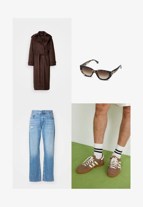 Trench coat marrón de ante con un frente de doble botonadura, gran cuello, cintura ceñida con cinturón y bolsillos laterales. Presenta puños abotonados y una textura suave.; Camisa de mezclilla azul de manga larga con botones a presión, dos bolsillos en el pecho y cuello pointed, extendida sobre un fondo blanco.; Vaqueros de mezclilla azul claro con un diseño de pierna recta, que presentan áreas decoloradas y un parche desgastado. Construcción estándar de cinco bolsillos.; Zapatillas de ante marrón con acentos y cordones blancos. Suela de goma color caramelo. Usadas con calcetines blancos con rayas negras. Suelo texturizado verde.; Gafas de sol en carey marrón y negro con forma angular de ojo de gato, lentes degradados y marco grueso. Logo impreso en las patillas.