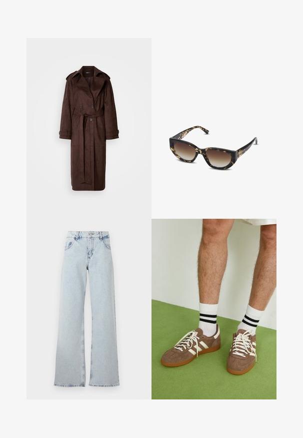 Ruskea samettinen trench-coat, jossa on kaksirivinen etuosa, suuri kaulus, vyötäröltä kiristettävä vyö ja sivutaskut. Varusteena napitettu hihansuu ja sileä pinta.; Pitkähihaista sinistä farkkupaitaa, jossa on nepparit, kaksi rintataskua ja terävä kaulus, aseteltuna tasaiseksi valkoista taustaa vasten.; Vaaleansiniset leveälahkeiset farkut, joissa on korkeampi vyötärö, vyölenkit, viisi taskua ja haalistuneita alueita vintage-ulkonäön saavuttamiseksi.; Ruske nahkate sneakerit valkoisilla korostuksilla ja nauhoilla. Kumi-gumipohja. Yhdistetty valkoisiin sukkiin, joissa on mustia raitoja. Vihreä teksturoitu lattia.; Ruskeija i crne naočale sa mačkastim oblikom, gradijentnim staklima i debelim okvirom. Logo je otisnut na sljepoočnicama.