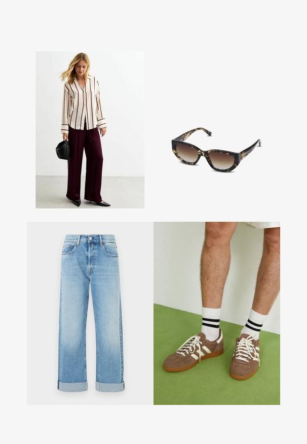 Brauner Wildleder-Trenchcoat mit doppelter Knopfreihe, großem Kragen, tailliertem Gürtel und seitlichen Taschen. Verfügt über knöpfbare Manschetten und eine glatte Textur.; Weißes Langarmhemd mit burgunderfarbenen vertikalen Streifen, kombiniert mit lockeren burgunderfarbenen Hosen. Das Modell hält eine schwarze, runde Handtasche.; Helles blaues Denim-Jeans mit geradem Bein, fünf Taschen, Knopfverschluss und umgeschlagenen Säumen.; Braune Wildleder-Sneaker mit weißen Akzenten und Schnürsenkeln. Gummisohle in Kautschuk-Optik. Getragen mit weißen Socken, die schwarze Streifen haben. Grüner strukturierter Fußboden.; Braun und schwarze Schildpatt-Sonnenbrille mit angularer Cat-Eye-Form, verlaufenden Gläsern und dickem Rahmen. Logo auf den Bügeln gedruckt.; Braune, gewebte Tasche mit einer lässigen Form, einem einzelnen Henkel und einer strukturierten Oberfläche. Das Design weist einen Hobo-Stil auf, ohne zusätzliches Zubehör.