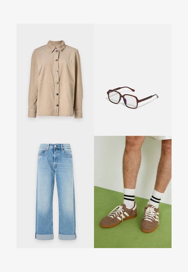 Casaco trench de camurça castanha com frente de duplo botão, grande colarinho, cintura com cinto e bolsos laterais. Apresenta punhos botão e uma textura suave.; Jaqueta de camisa em veludo cotelha bege, com gola, botões à frente, dois bolsos laterais e mangas longas com punhos abotoados.; Jeans de ganga azul claro com corte reto, apresentando cinco bolsos, fecho com botão e bainhas dobradas na parte inferior.; Sapatilhas de camurça castanha com detalhes e atacadores brancos. Sola de borracha color de caramelo. Usadas com meias brancas com riscas pretas. Piso texturizado verde.; Óculos de grau retangulares castanhos, com lentes transparentes e tons roxos. Armação de plástico suave com hastes retas e acentos subtis.; Saco trançado castanho com uma forma relaxada, uma alça em laço única e uma superfície texturizada. O design apresenta um estilo hobo sem hardware adicional.