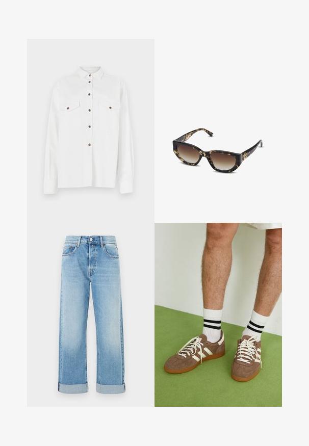 Hnědý semišový trenčkot s dvouřadým zapínáním, velkým límcem, pasem se sponou a bočními kapsami. Má knoflíkové manžety a hladkou texturu.; Bílá košile s dlouhými rukávy a límcem na knoflíky, se dvěma náprsními kapsami a hnědými knoflíky, s hladkou texturou a volným střihem.; Světlé modré denimové džíny se střihem rovného nohavice, které mají pět kapes, zapínání na knoflík a ohrnuté manžety u spodního lemu.; Hnědé semišové tenisky s bílými akcenty a tkaničkami. Gumová podrážka. Nošeny s bílými ponožkami s černými pruhy. Zelená strukturovaná podlaha.; Hnědé a černé želvovinové sluneční brýle s ostrým kočičím okem, gradientními čočkami a silným rámem. Logo vytištěné na spáncích.