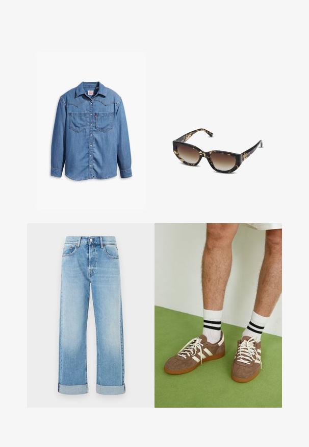 Brązowy zamszowy płaszcz trench z podwójnym zapięciem, dużym kołnierzem, paskiem w talii i bocznymi kieszeniami. Posiada mankiety zapinane na guziki i gładką teksturę.; Niebieska koszula z długim rękawem z denimu, zapinana na napy, z dwiema kieszonkami na piersi i spiczastym kołnierzem, leżąca na białym tle.; Jasnoniebieskie dżinsy o prostym kroju, z pięcioma kieszeniami, z zapięciem na guzik oraz z podwiniętymi mankietami u dołu.; Brązowe zamszowe sneakersy z białymi akcentami i sznurówkami. Gumowa, brązowa podeszwa. Noszone z białymi skarpetkami w czarne paski. Zielona teksturowana podłoga.; Brązowe i czarne okulary przeciwsłoneczne w kształcie kota z kątami, z gradientowymi soczewkami i grubą oprawką. Logo wydrukowane na zausznikach.