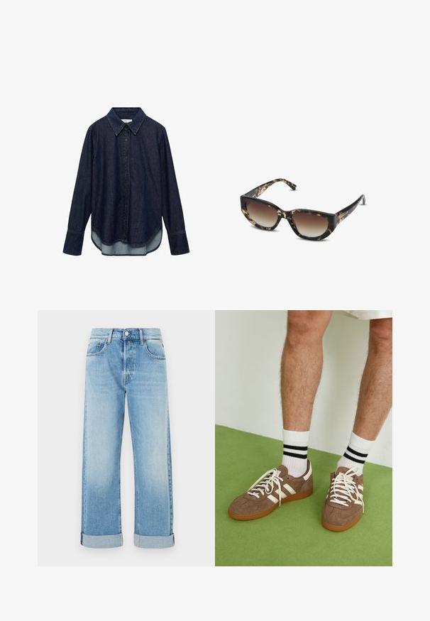 Brauner Wildleder-Trenchcoat mit doppelter Knopfreihe, großem Kragen, tailliertem Gürtel und seitlichen Taschen. Verfügt über knöpfbare Manschetten und eine glatte Textur.; Dunkelblauses Denimhemd mit langen Ärmeln, einem spitzen Kragen und einer vorderen Knopfleiste. Es hat einen abgerundeten Saum und einen kontrastierenden helleren Stoff darunter.; Helles blaues Denim-Jeans mit geradem Bein, fünf Taschen, Knopfverschluss und umgeschlagenen Säumen.; Braune Wildleder-Sneaker mit weißen Akzenten und Schnürsenkeln. Gummisohle in Kautschuk-Optik. Getragen mit weißen Socken, die schwarze Streifen haben. Grüner strukturierter Fußboden.; Braun und schwarze Schildpatt-Sonnenbrille mit angularer Cat-Eye-Form, verlaufenden Gläsern und dickem Rahmen. Logo auf den Bügeln gedruckt.