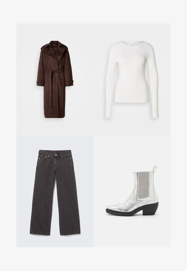 Brown suede trench coat with a double-breasted front, large collar, belted waist, and side pockets. Features buttoned cuffs and a smooth texture.; White long-sleeve t-shirt in a soft, lightweight fabric with a round neckline and slim fit, featuring a subtle texture.; Wide-leg black denim jeans with copper rivets, five pockets, and a button closure. Soft, sturdy texture, with a straight cut from waist to hem.; Silver metallic ankle boots with pointed toes, textured upper, elastic side panels, and a sculpted black heel. Decorative stitching pattern.