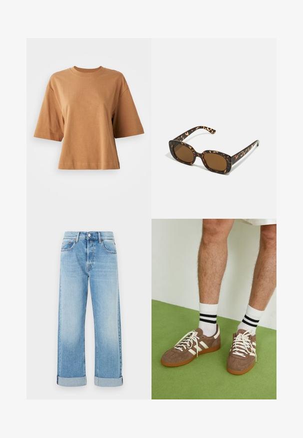 Brūns zamšs trenču mētelis ar dubulto priekšpusi, lielu apkakli, jostu viduklī un sānu kabatām. Iezīmēts ar pogām aizdari un gludu tekstūru.; Gaismā brūnas krāsas kokvilnas T-krekls ar īsām piedurknēm un apaļu kakla izgriezumu. Brīvas formas ar gludu faktūru un šuvēm pie piedurknēm un apakšmalas.; Gai zila džinsu bikses ar taisnu kāju griezumu, piecas kabatas, pogu aizdari un saritinātas apakšmalas.; Brūni zamša sporta apavi ar baltām akcentu un auklām. Kaučuka zole. Nēsāti ar baltām zeķēm, kurām ir melnas svītras. Zaļa struktūrēta grīda.; Tērpu apvalka saulesbrilles ar noapaļotu, masīvāku rāmi un brūnām lēcām. Satur smalkas rakstības un taisnas, sašaurinātas kājas.